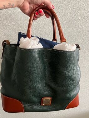 Dooney & Bourke Dark Green Pebbled Leather Tote with Brown Trim